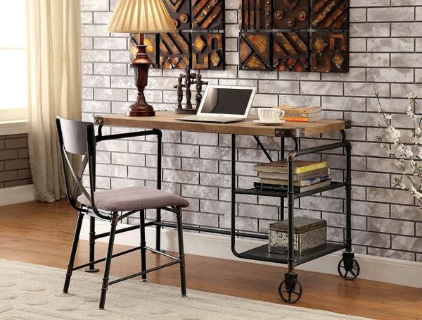 English Elm Industrial Pipe Frame Home Office Desk with Open Wire Shelving and Antique Metal Finish B2741P587900