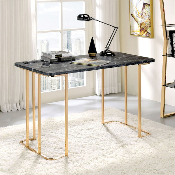 English Elm Contemporary Home Office Desk with USB Port Open Drawer and Sleek Polished Legs Gold + Black Faux Marble, Steel B2741P587906