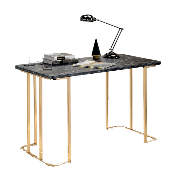 English Elm Contemporary Home Office Desk with USB Port Open Drawer and Sleek Polished Legs Gold + Black Faux Marble, Steel B2741P587906