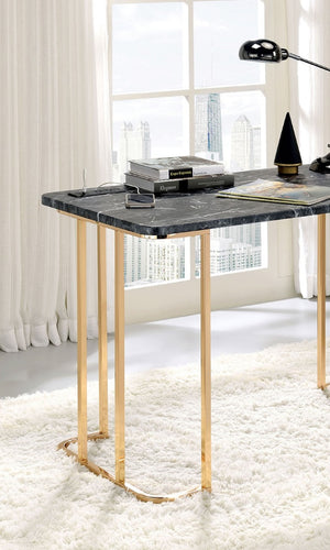 English Elm Contemporary Home Office Desk with USB Port Open Drawer and Sleek Polished Legs Gold + Black Faux Marble, Steel B2741P587906