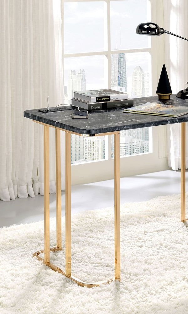 English Elm Contemporary Home Office Desk with USB Port Open Drawer and Sleek Polished Legs Gold + Black Faux Marble, Steel B2741P587906