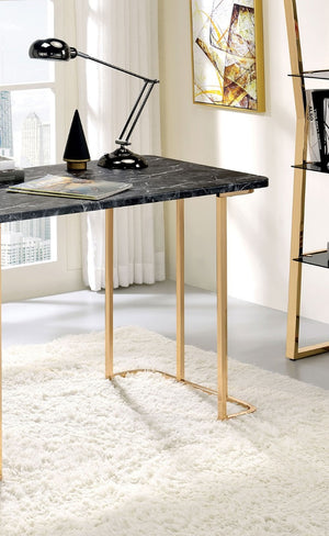 English Elm Contemporary Home Office Desk with USB Port Open Drawer and Sleek Polished Legs Gold + Black Faux Marble, Steel B2741P587906