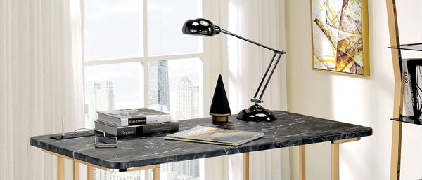 English Elm Contemporary Home Office Desk with USB Port Open Drawer and Sleek Polished Legs Gold + Black Faux Marble, Steel B2741P587906