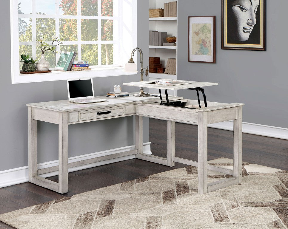 English Elm Transitional L-Shaped Corner Desk with Lift Top USB Ports and Antique White Wood Finish B2741P588395