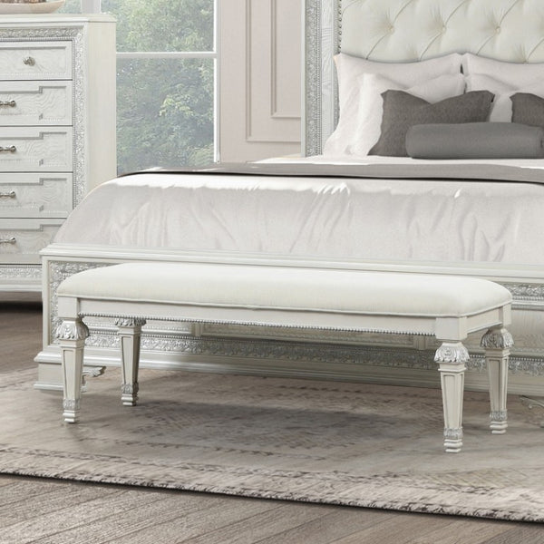 English Elm Traditional Button Tufted Bedroom Bench Creamy White Lacquer with Ash Burl Veneer Seat B2741P588396