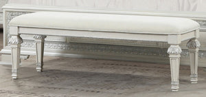 English Elm Traditional Button Tufted Bedroom Bench Creamy White Lacquer with Ash Burl Veneer Seat B2741P588396