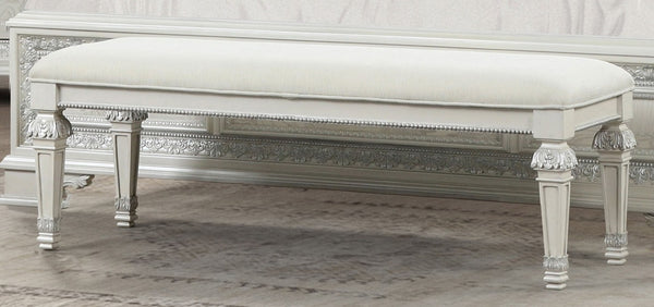 English Elm Traditional Button Tufted Bedroom Bench Creamy White Lacquer with Ash Burl Veneer Seat B2741P588396