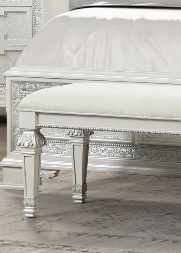 English Elm Traditional Button Tufted Bedroom Bench Creamy White Lacquer with Ash Burl Veneer Seat B2741P588396