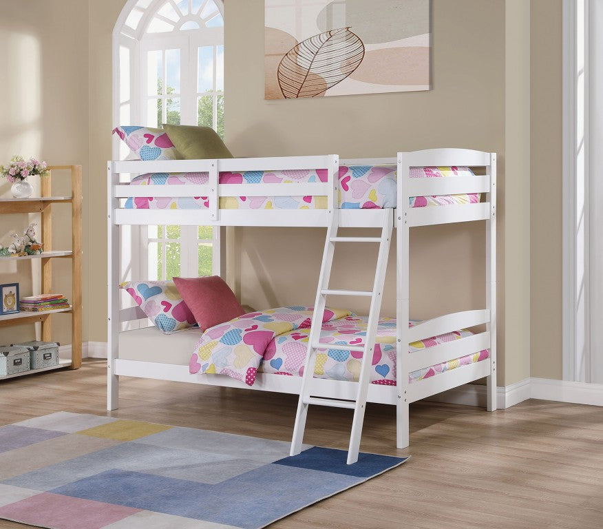 English Elm Transitional Twin Bunk Bed Solid Wood White Slat Frame with Angled Ladder Storage B2741P588401
