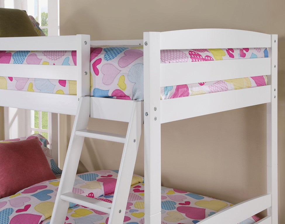 English Elm Transitional Twin Bunk Bed Solid Wood White Slat Frame with Angled Ladder Storage B2741P588401