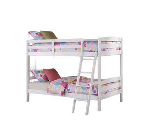 English Elm Transitional Twin Bunk Bed Solid Wood White Slat Frame with Angled Ladder Storage B2741P588401