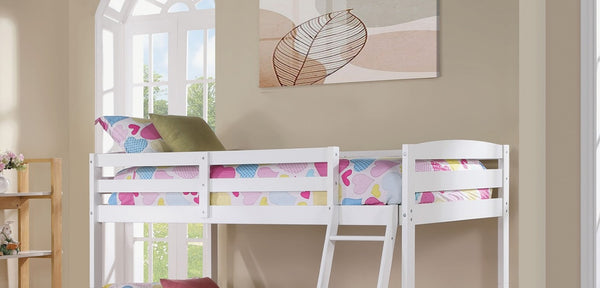 English Elm Transitional Twin Bunk Bed Solid Wood White Slat Frame with Angled Ladder Storage B2741P588401