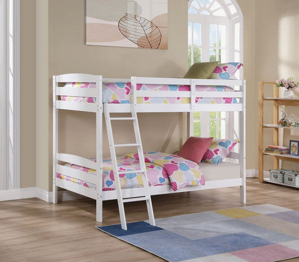 English Elm Transitional Twin Bunk Bed Solid Wood White Slat Frame with Angled Ladder Storage B2741P588401