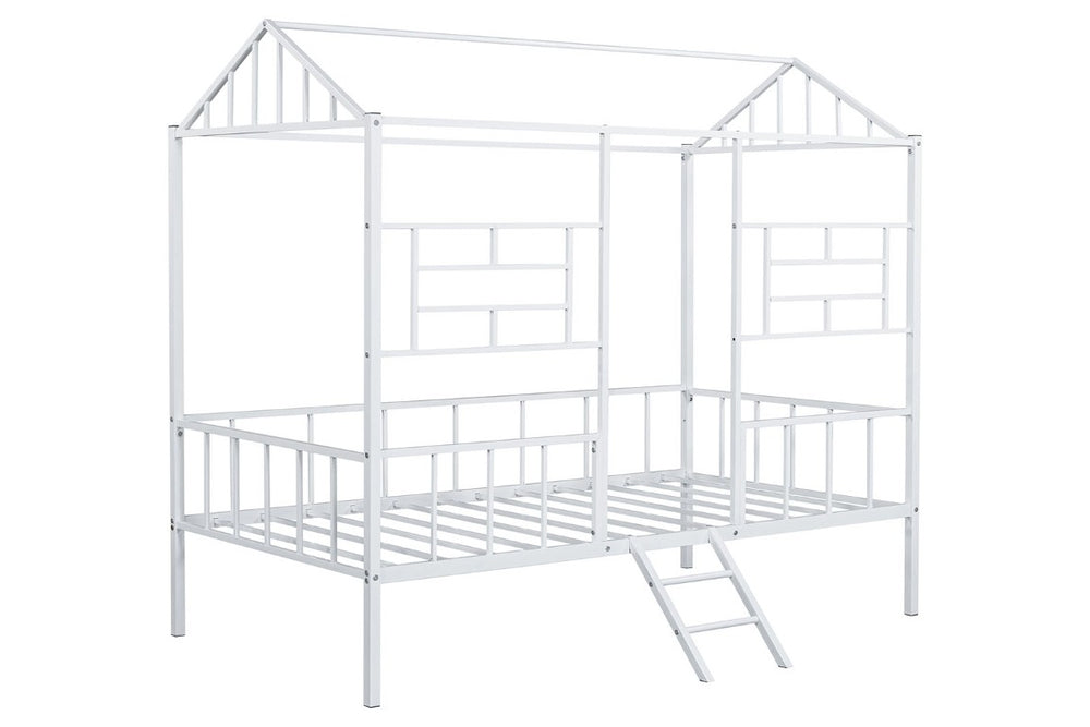 English Elm White Metal Twin Bunk Bed with House Gable Roof Frame and Angled Ladder for Kids B2741P590594