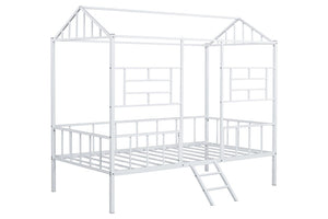 English Elm White Metal Twin Bunk Bed with House Gable Roof Frame and Angled Ladder for Kids B2741P590594