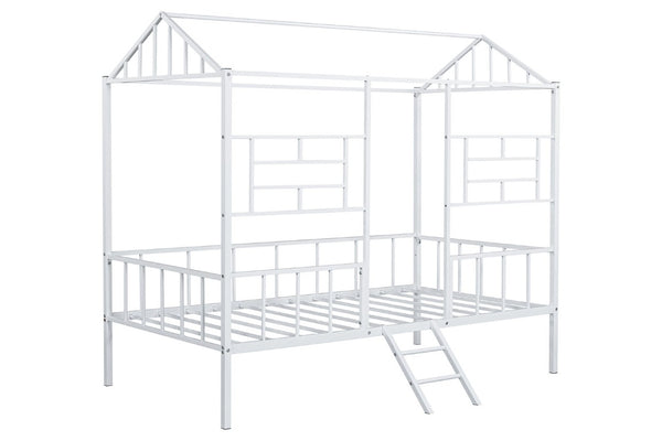 English Elm White Metal Twin Bunk Bed with House Gable Roof Frame and Angled Ladder for Kids B2741P590594
