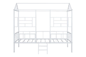 English Elm White Metal Twin Bunk Bed with House Gable Roof Frame and Angled Ladder for Kids B2741P590594
