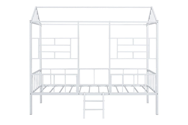 English Elm White Metal Twin Bunk Bed with House Gable Roof Frame and Angled Ladder for Kids B2741P590594