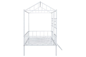 English Elm White Metal Twin Bunk Bed with House Gable Roof Frame and Angled Ladder for Kids B2741P590594