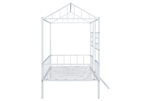 English Elm White Metal Twin Bunk Bed with House Gable Roof Frame and Angled Ladder for Kids B2741P590594