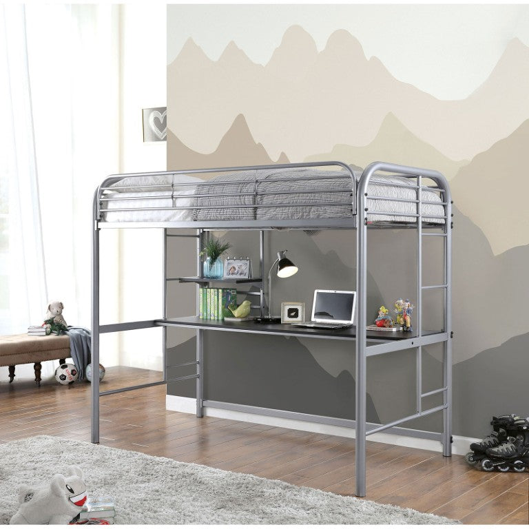 English Elm Metal Twin Loft Bed with Built-In Desk and Shelving for Student Bedrooms B2741P593069