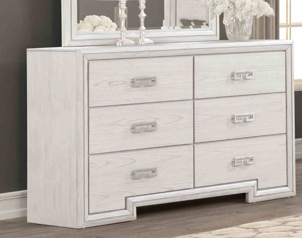 English Elm Rustic White Wide Dresser Solid Wood Dovetail Build Greek Key Hardware Bedroom Without Mirror B2741P593089