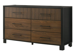English Elm Contemporary Six Drawer Dresser Warm Brown Wood Tone Finish with Bold Black Metal Pulls B2741P595003