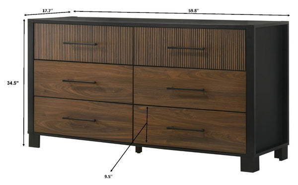 English Elm Contemporary Six Drawer Dresser Warm Brown Wood Tone Finish with Bold Black Metal Pulls B2741P595003