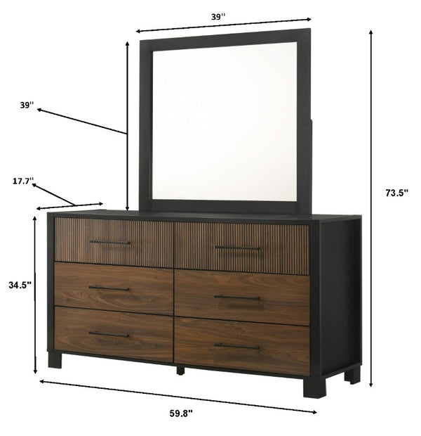 English Elm Contemporary Six Drawer Dresser Warm Brown Wood Tone Finish with Bold Black Metal Pulls B2741P595003