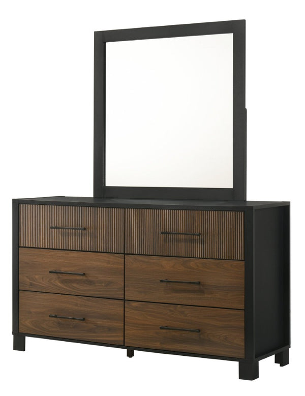 English Elm Contemporary Six Drawer Dresser Warm Brown Wood Tone Finish with Bold Black Metal Pulls B2741P595003