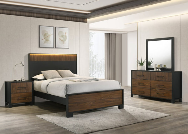 English Elm Contemporary Six Drawer Dresser Warm Brown Wood Tone Finish with Bold Black Metal Pulls B2741P595003