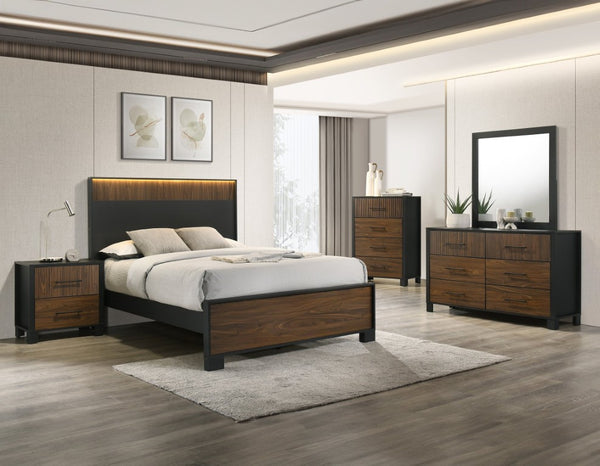 English Elm Contemporary Six Drawer Dresser Warm Brown Wood Tone Finish with Bold Black Metal Pulls B2741P595003