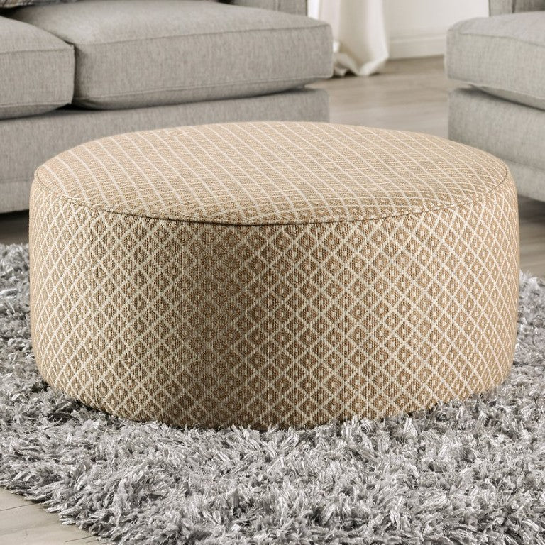 English Elm Transitional Round Ottoman Welt Trim Linen Upholstery Firm Foam Living Room Accent B2741P595764