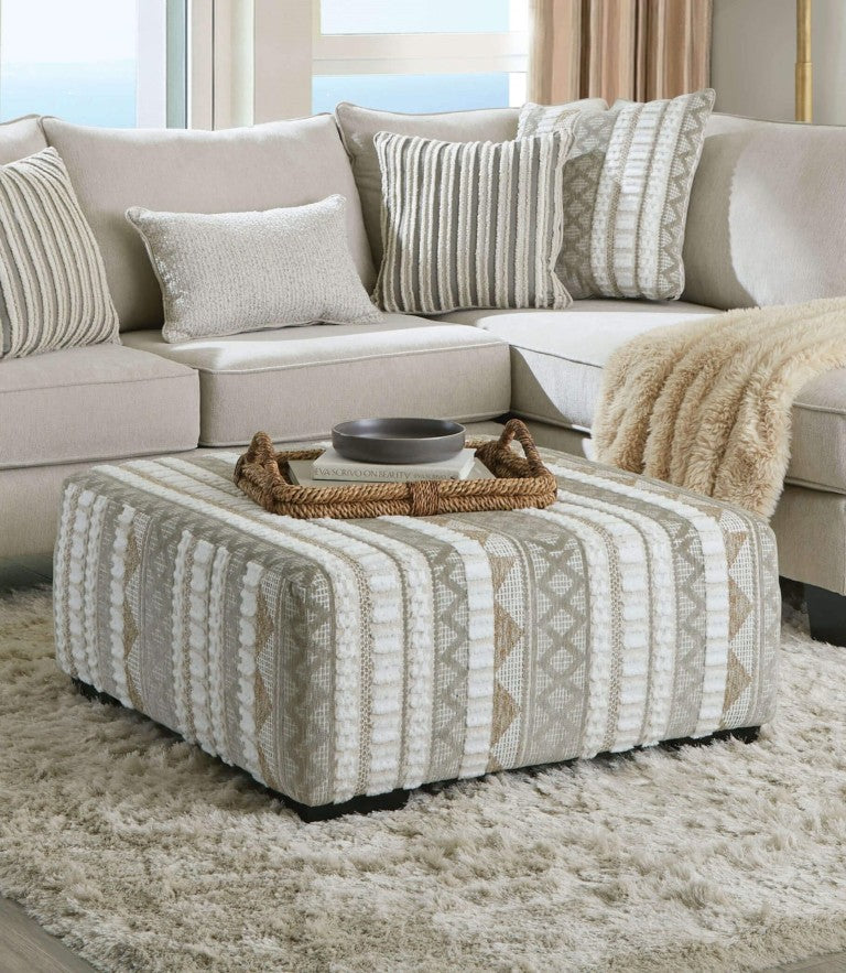 English Elm Stripe Pastel Woven Square Ottoman with Welt Cord Trim and Tapered Wood Legs Beige, Ivory Chenille, Solid Wood 38 L x 38 W x 20 H B2741P595767