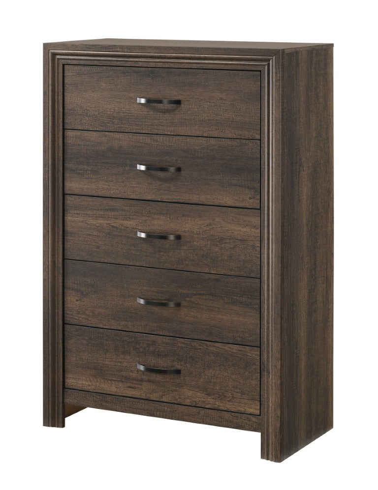English Elm Contemporary Five Drawer Tall Chest with Natural Wood Finish for Stylish Bedroom Storage 5 Drawer Brown - B B2741P595777
