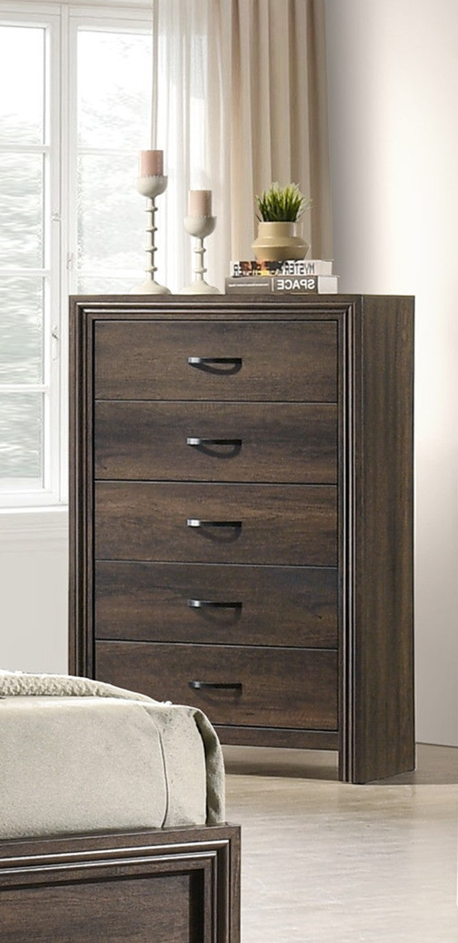 English Elm Contemporary Five Drawer Tall Chest with Natural Wood Finish for Stylish Bedroom Storage 5 Drawer Brown - B B2741P595777