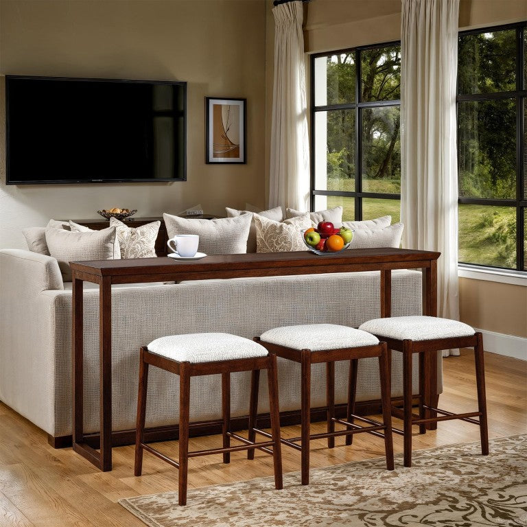 English Elm Sofa Table and Three Rhinestone Upholstered Stools Walnut Poplar Wood Entertaining Set B2741P597630
