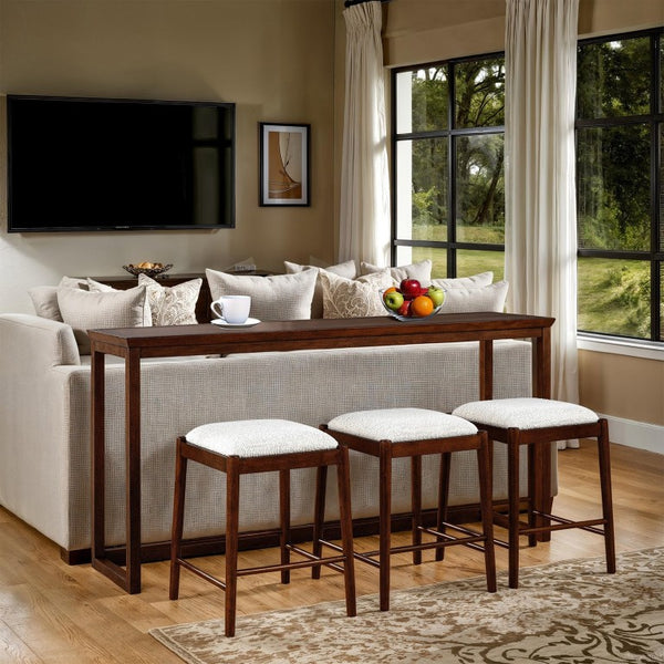 English Elm Sofa Table and Three Rhinestone Upholstered Stools Walnut Poplar Wood Entertaining Set B2741P597630