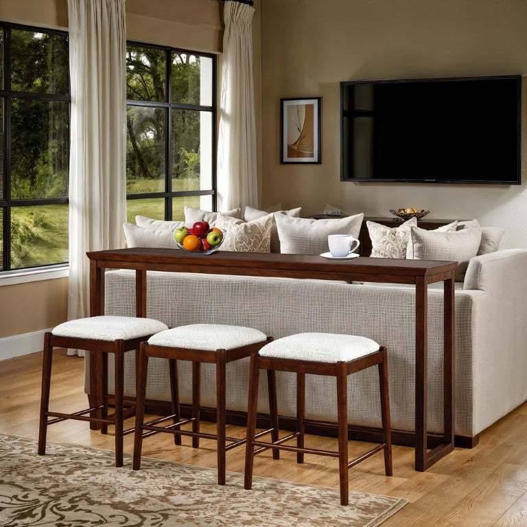 English Elm Sofa Table and Three Rhinestone Upholstered Stools Walnut Poplar Wood Entertaining Set B2741P597630