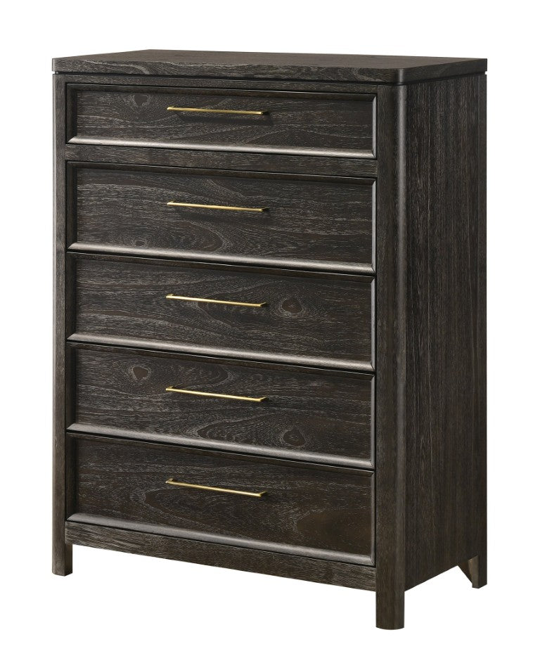 English Elm Contemporary Five Drawer Tall Chest Grey Brown Wood Finish with Gold Hardware Bedroom Storage B2741P598407