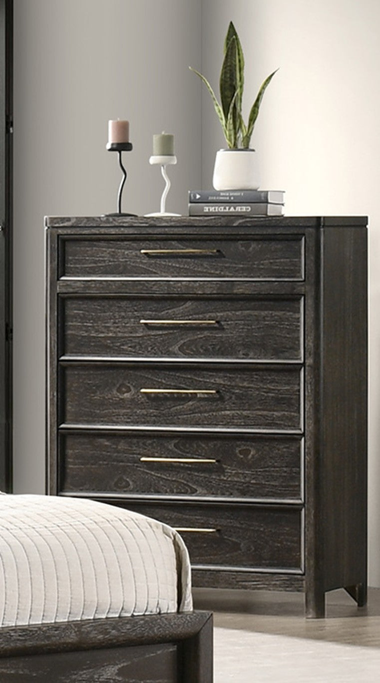 English Elm Contemporary Five Drawer Tall Chest Grey Brown Wood Finish with Gold Hardware Bedroom Storage B2741P598407