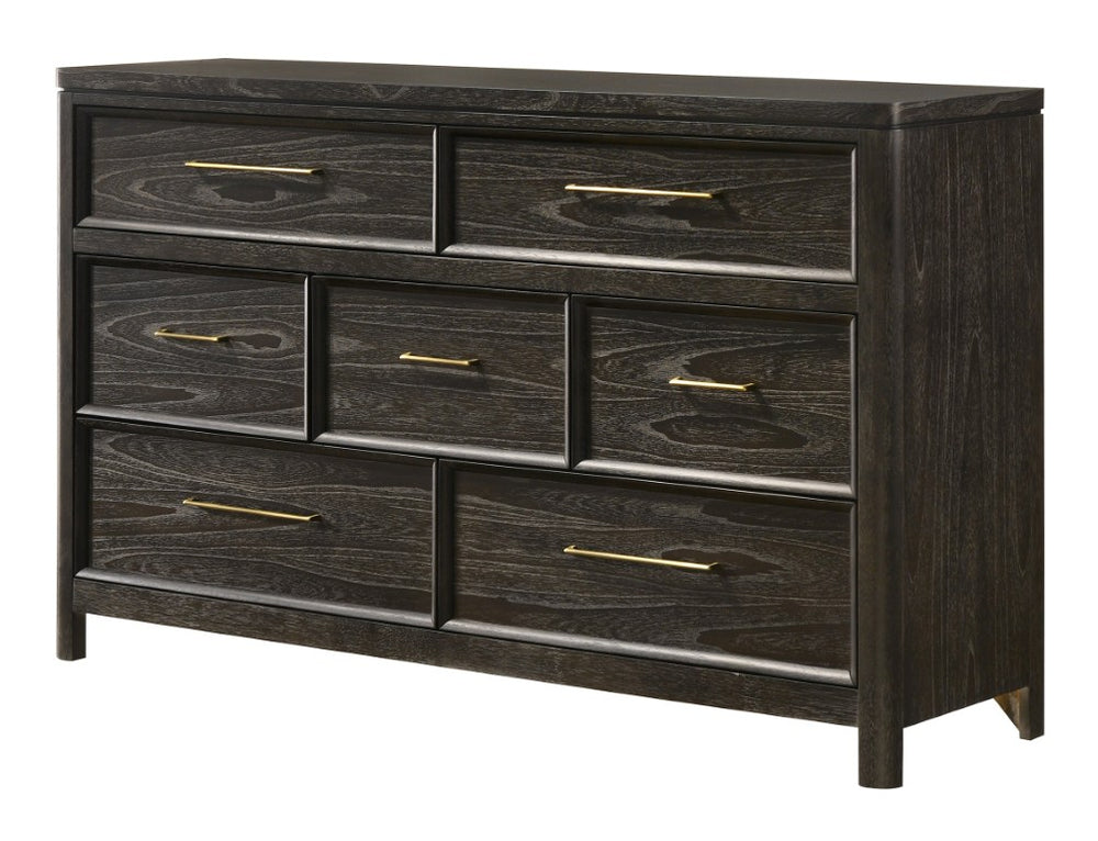 English Elm Contemporary Seven Drawer Dresser with Gold Hardware and Grey Brown Wood Finish B2741P598408