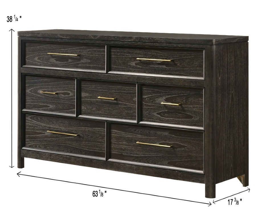 English Elm Contemporary Seven Drawer Dresser with Gold Hardware and Grey Brown Wood Finish B2741P598408