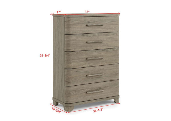 English Elm Contemporary Five Drawer Tall Chest Driftwood Finish Rounded Edges Bedroom Storage B2741P601212