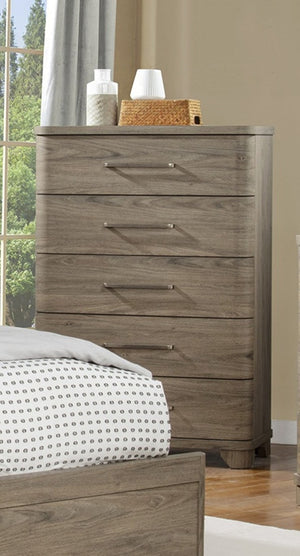 English Elm Contemporary Five Drawer Tall Chest Driftwood Finish Rounded Edges Bedroom Storage B2741P601212