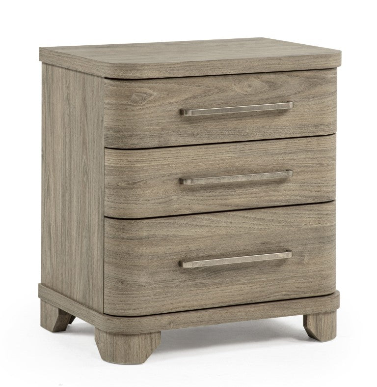 English Elm Contemporary Three Drawer Nightstand Driftwood Finish Curved Fronts Bronze Pulls Bedroom B2741P601213