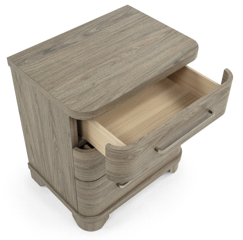 English Elm Contemporary Three Drawer Nightstand Driftwood Finish Curved Fronts Bronze Pulls Bedroom B2741P601213