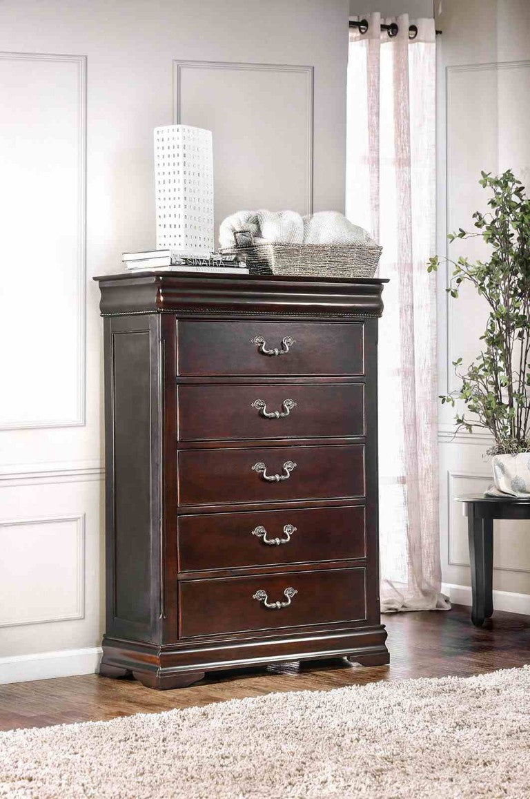 English Elm Chest of Drawers Cherry Finish Traditional Carved Accents Felt Lined Bedroom Storage B2741P609023
