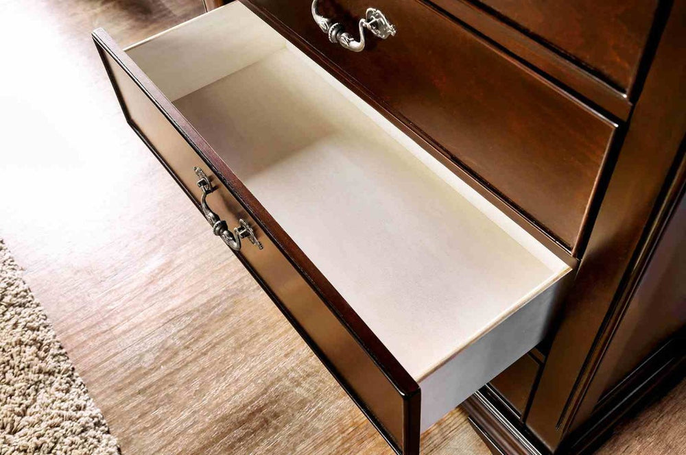 English Elm Chest of Drawers Cherry Finish Traditional Carved Accents Felt Lined Bedroom Storage B2741P609023