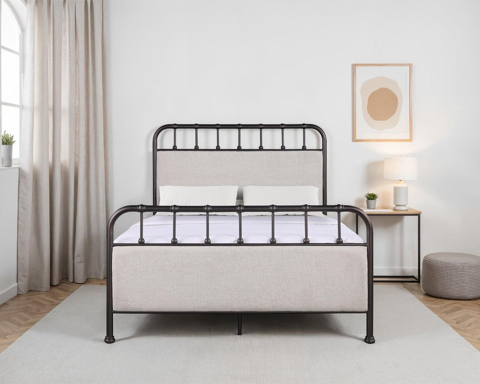 English Elm Industrial Queen Bed Fabric Upholstered Frame with Dark Copper Accents and Curved Edges B2741P609108